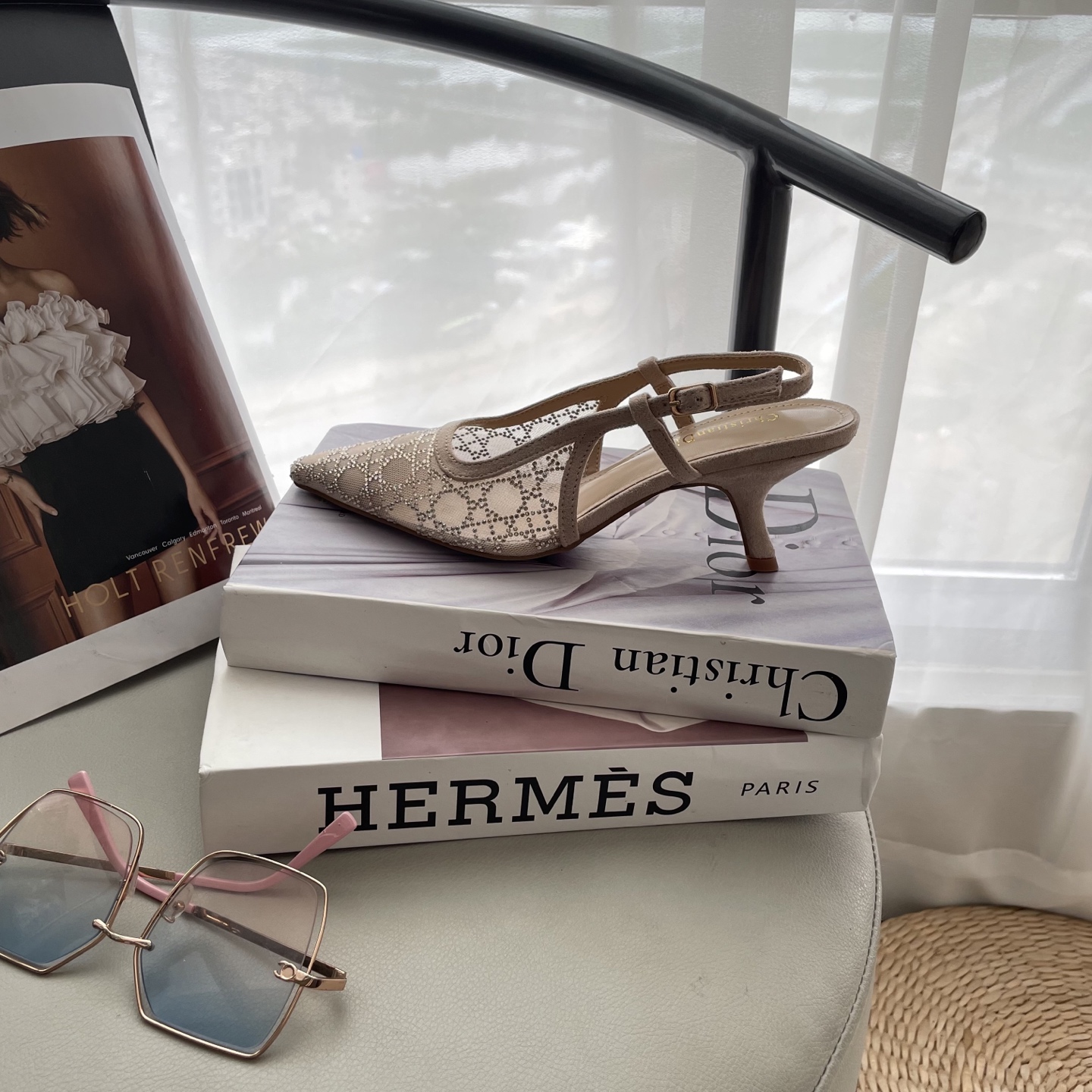 D style Mesh diamond pointed toe kitten heel sandals 6.5