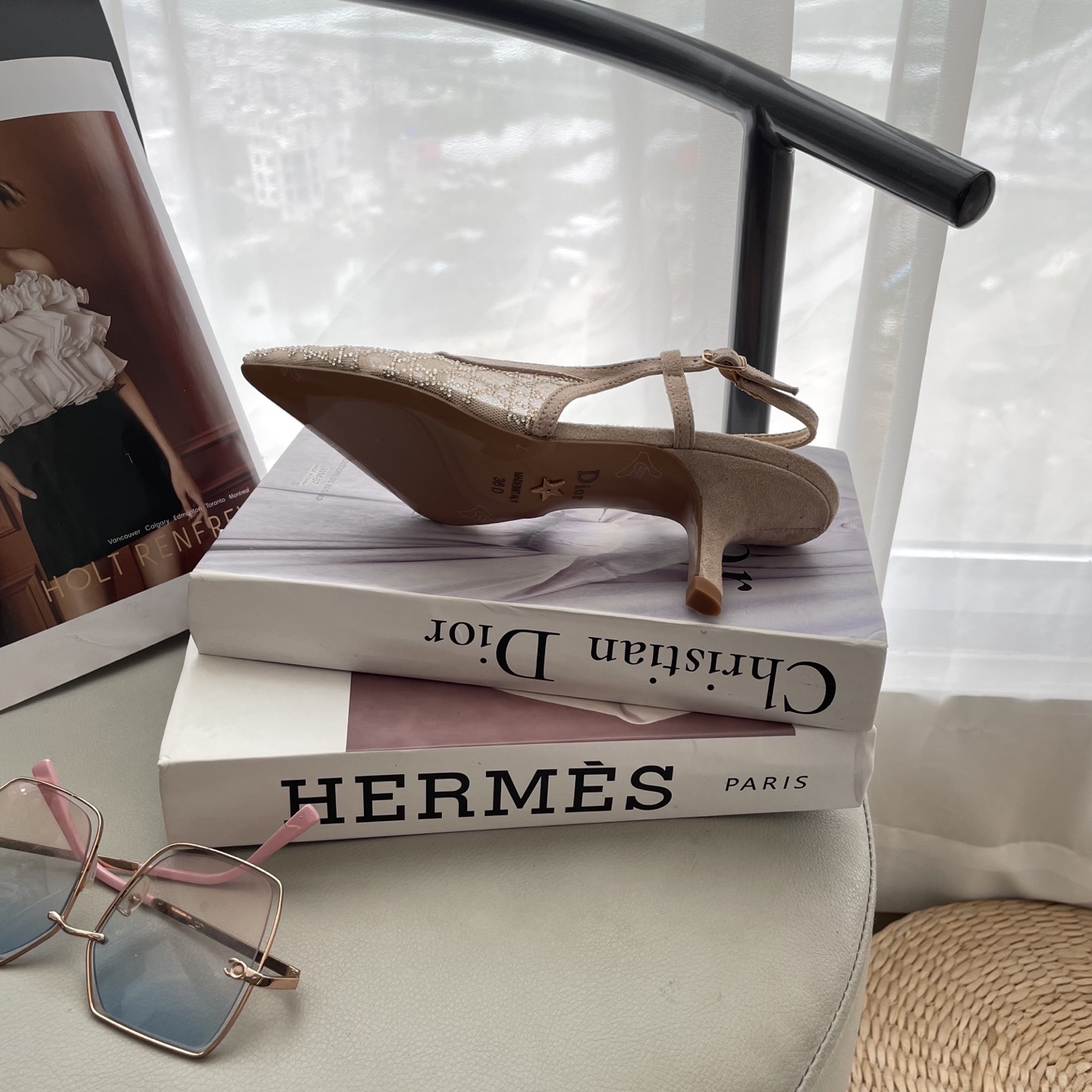 D style Mesh diamond pointed toe kitten heel sandals 6.5