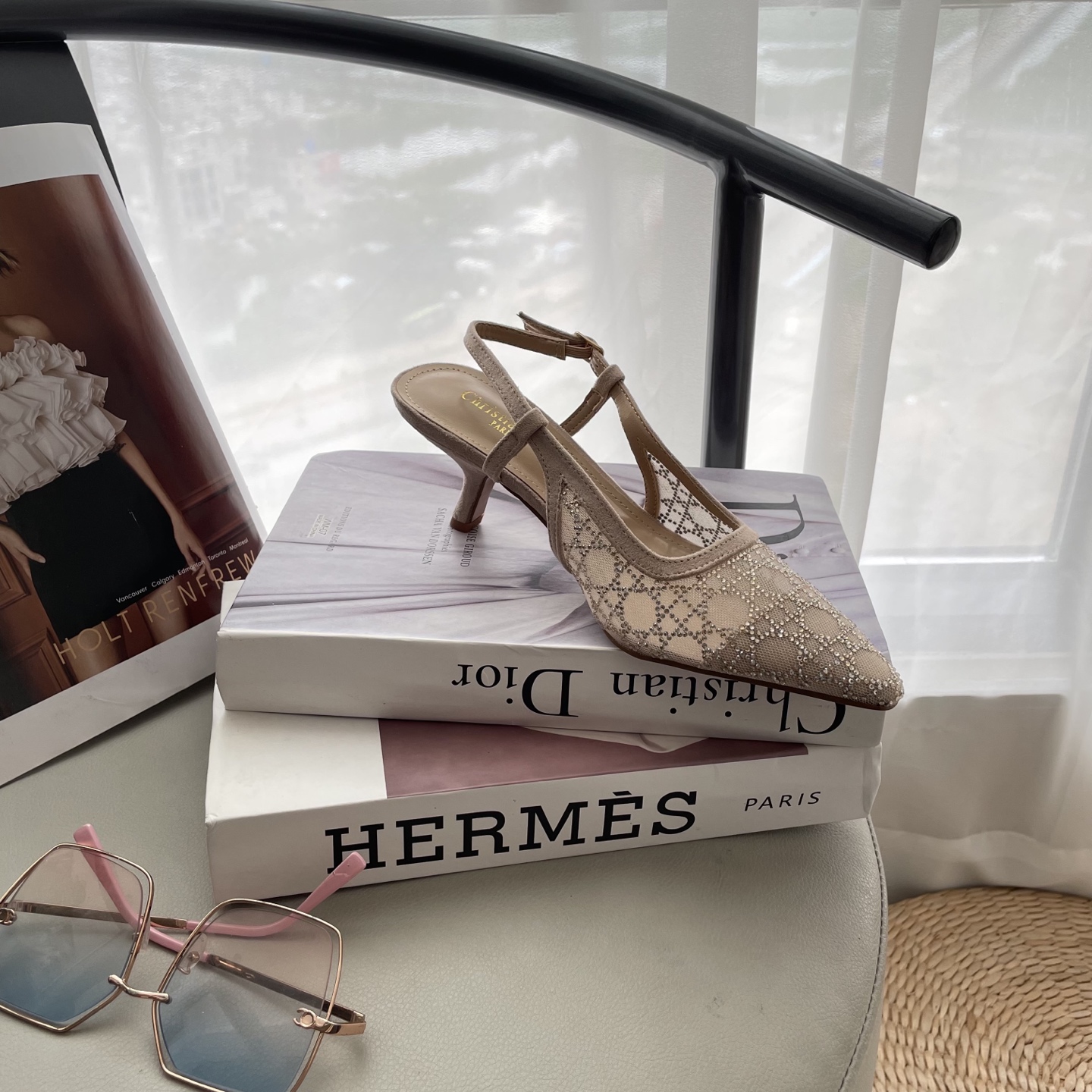 D style Mesh diamond pointed toe kitten heel sandals 6.5