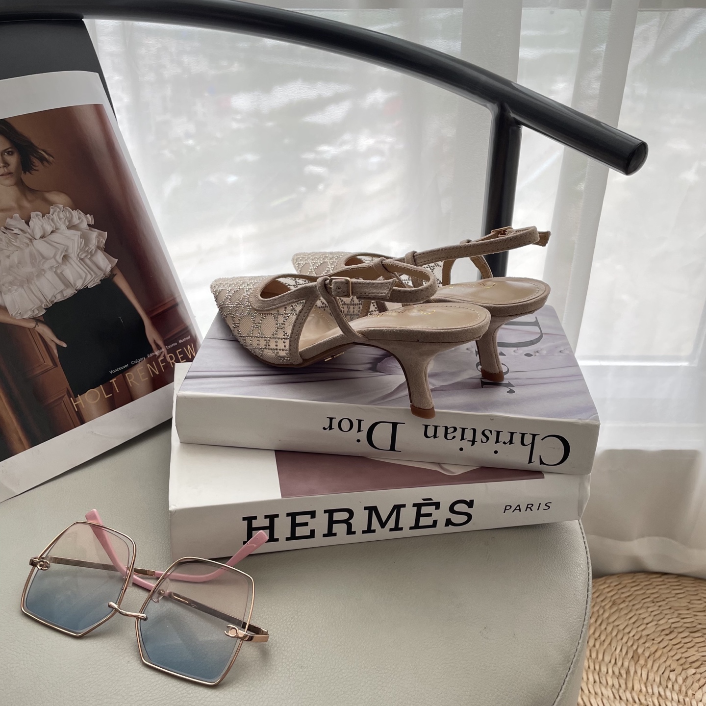 D style Mesh diamond pointed toe kitten heel sandals 6.5