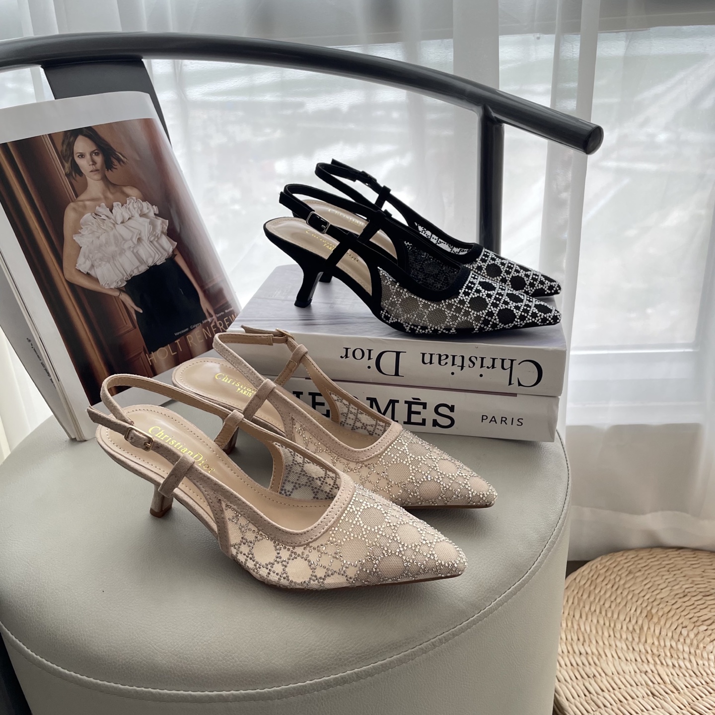 D style Mesh diamond pointed toe kitten heel sandals 6.5