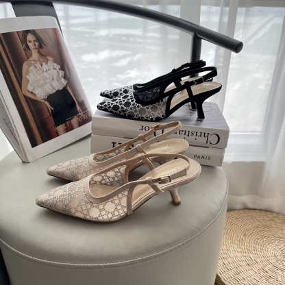 D style Mesh diamond pointed toe kitten heel sandals 6.5