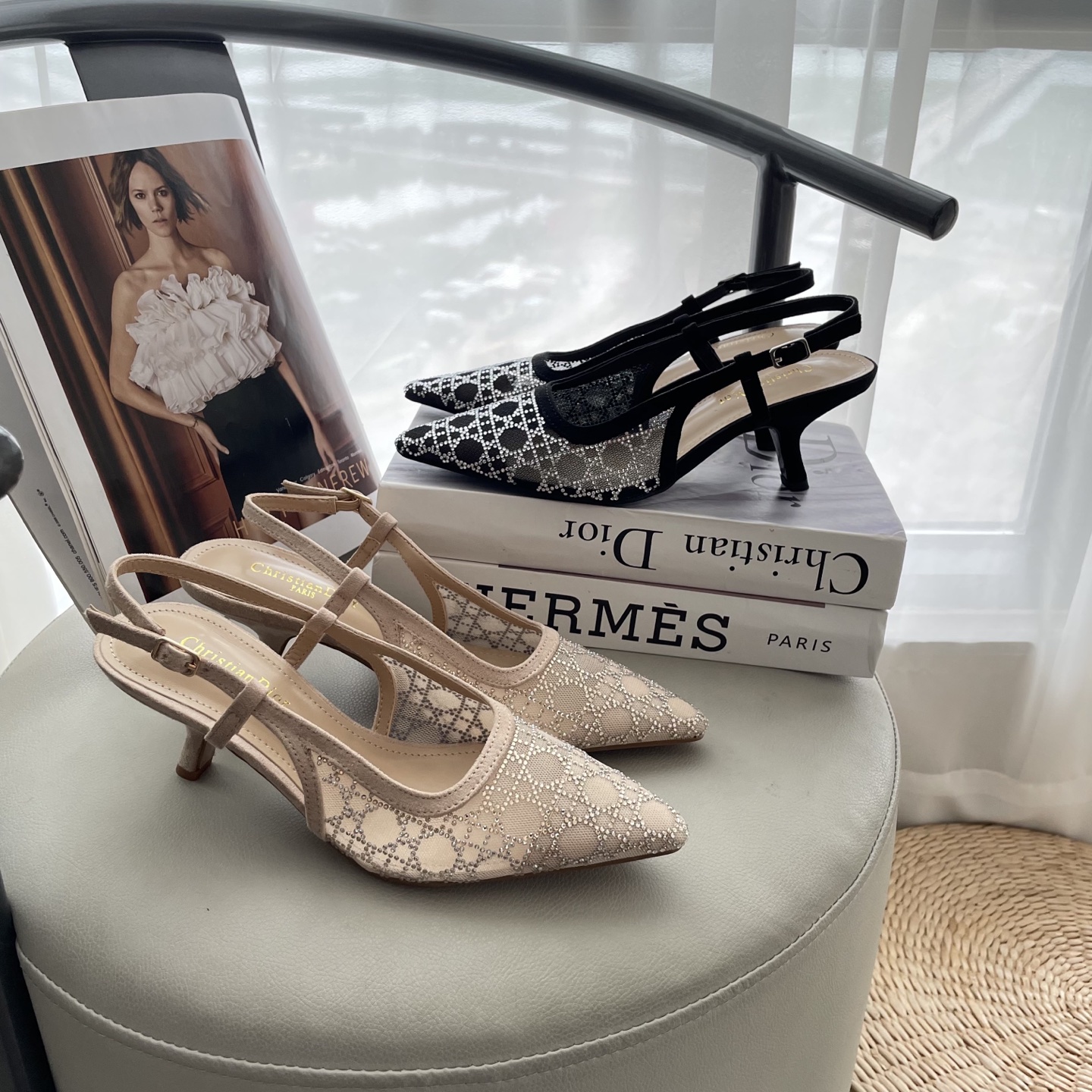 D style Mesh diamond pointed toe kitten heel sandals 6.5