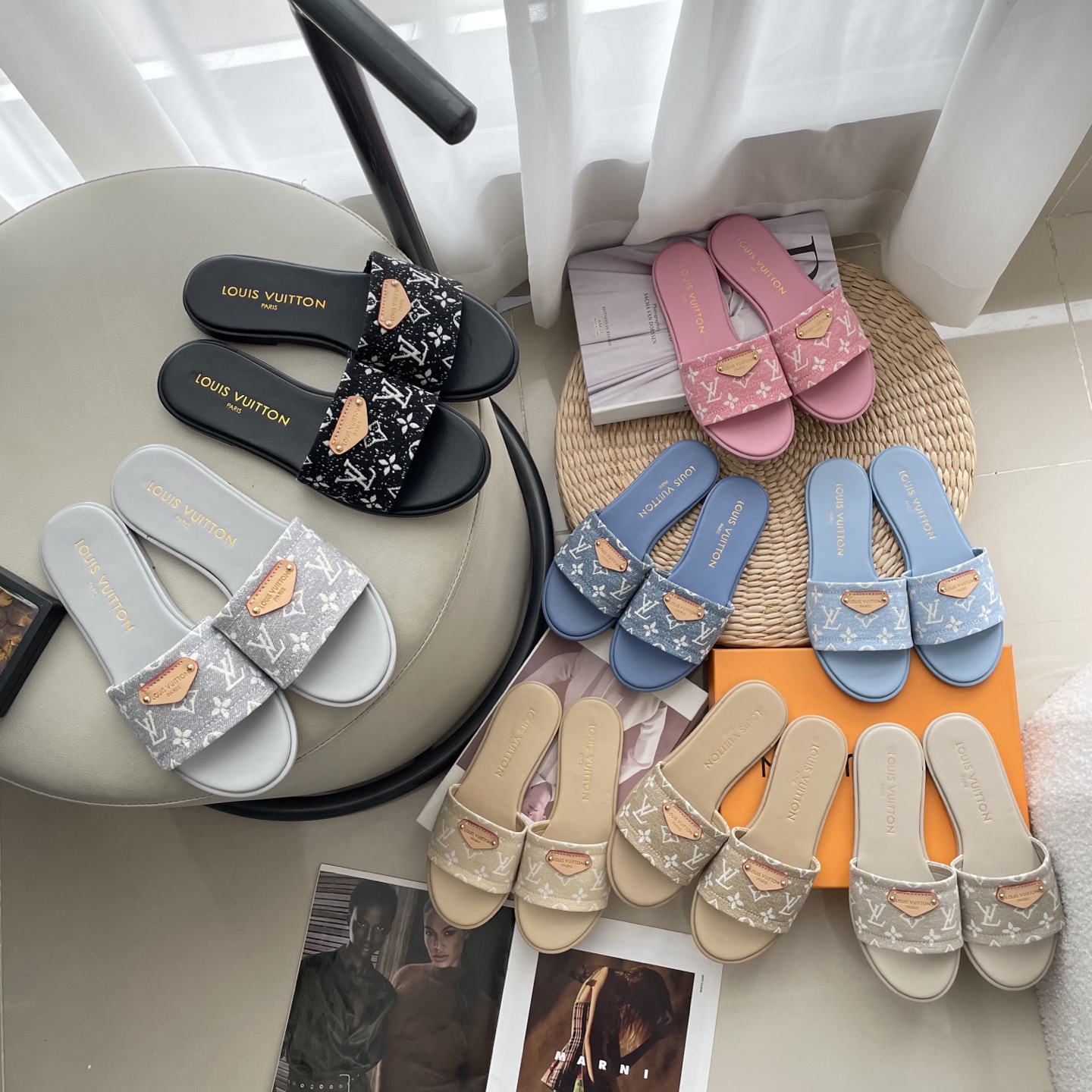 L style Denim Flat Slippers Casual Sandals