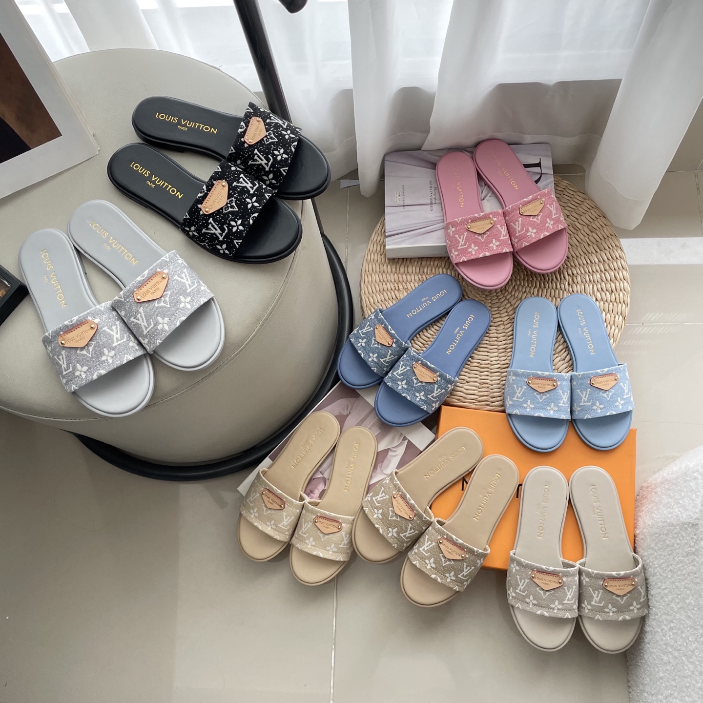 L style Denim Flat Slippers Casual Sandals