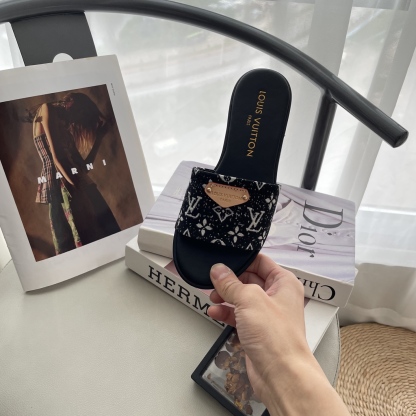 L style Denim Flat Slippers Casual Sandals