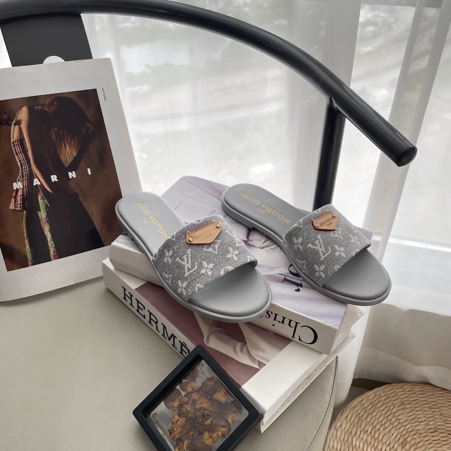 L style Denim Flat Slippers Casual Sandals