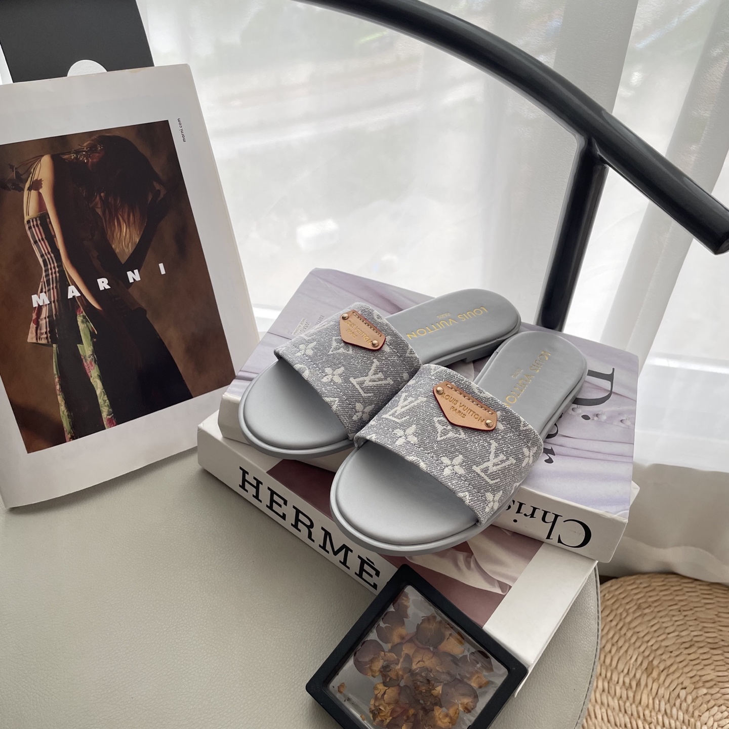 L style Denim Flat Slippers Casual Sandals