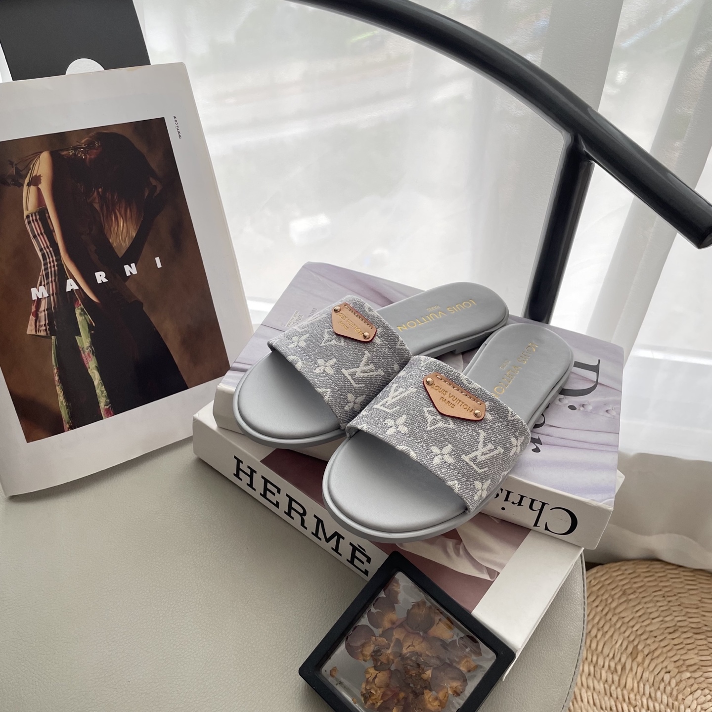 L style Denim Flat Slippers Casual Sandals