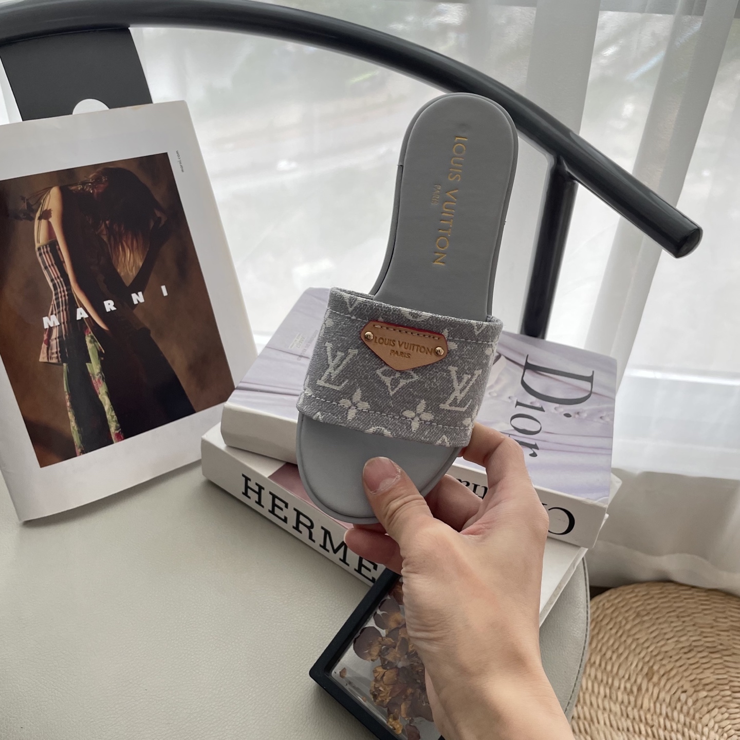 L style Denim Flat Slippers Casual Sandals