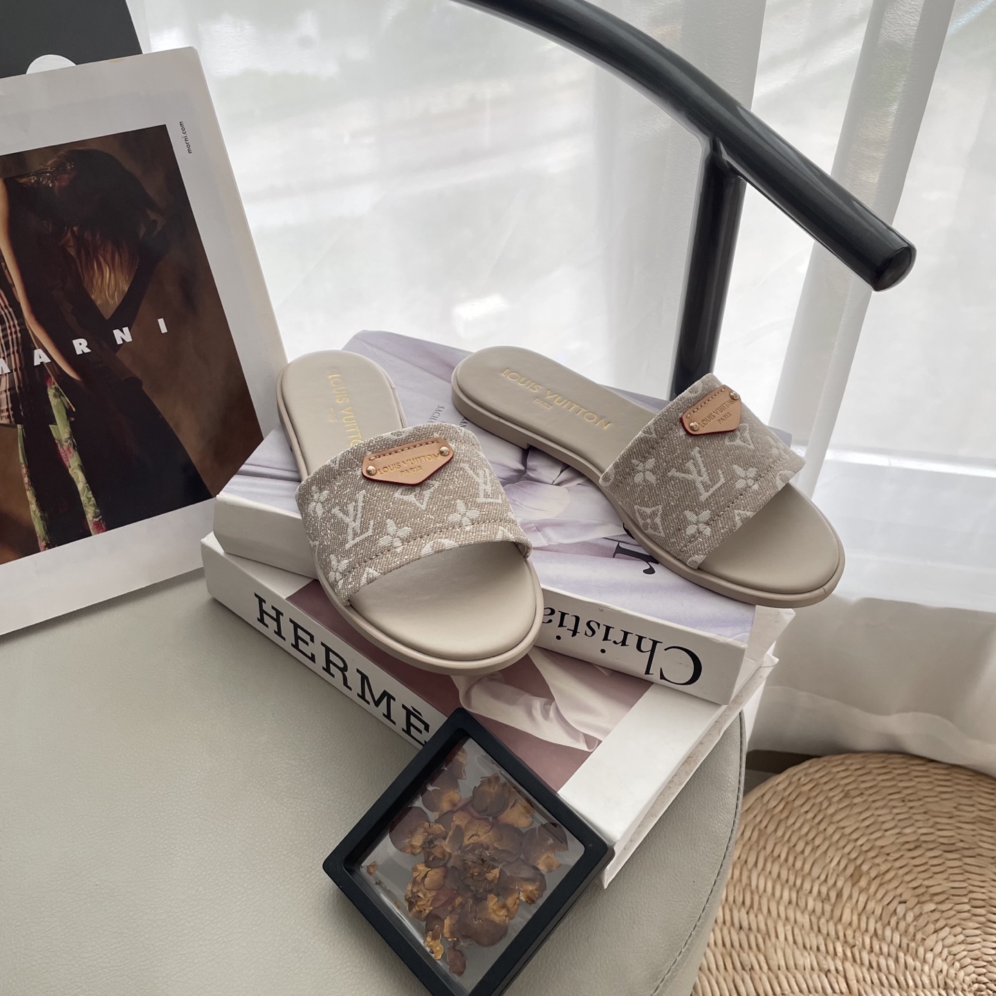 L style Denim Flat Slippers Casual Sandals