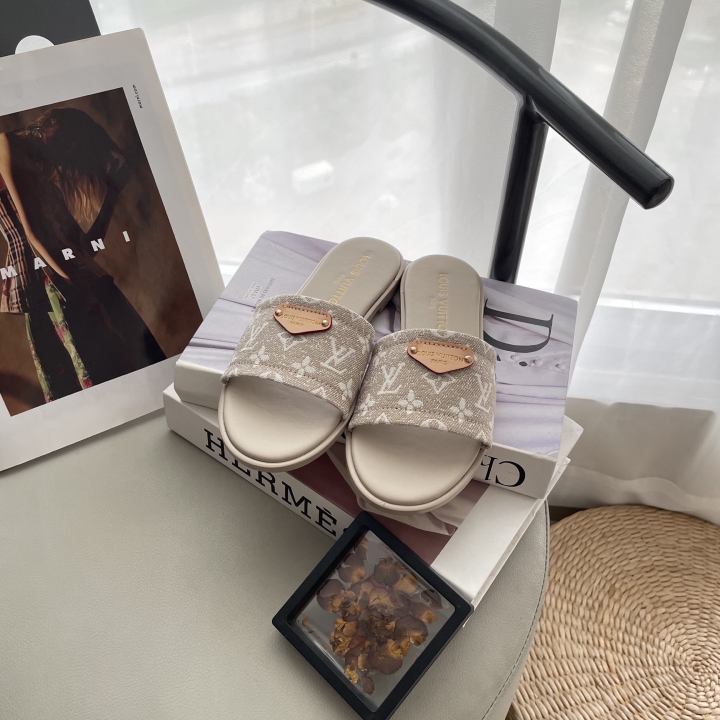 L style Denim Flat Slippers Casual Sandals