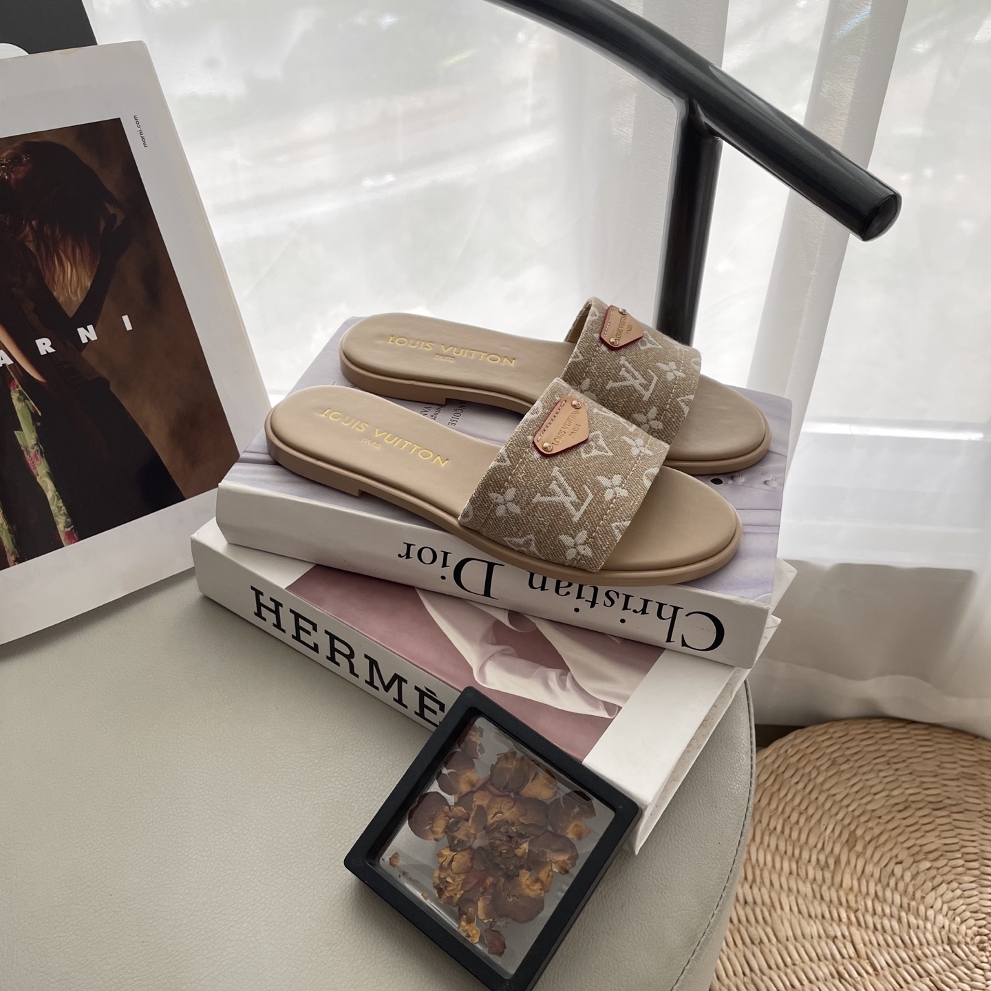 L style Denim Flat Slippers Casual Sandals