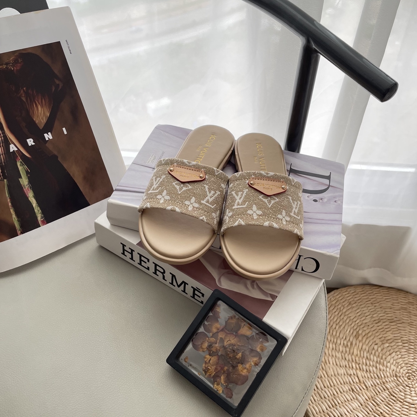 L style Denim Flat Slippers Casual Sandals