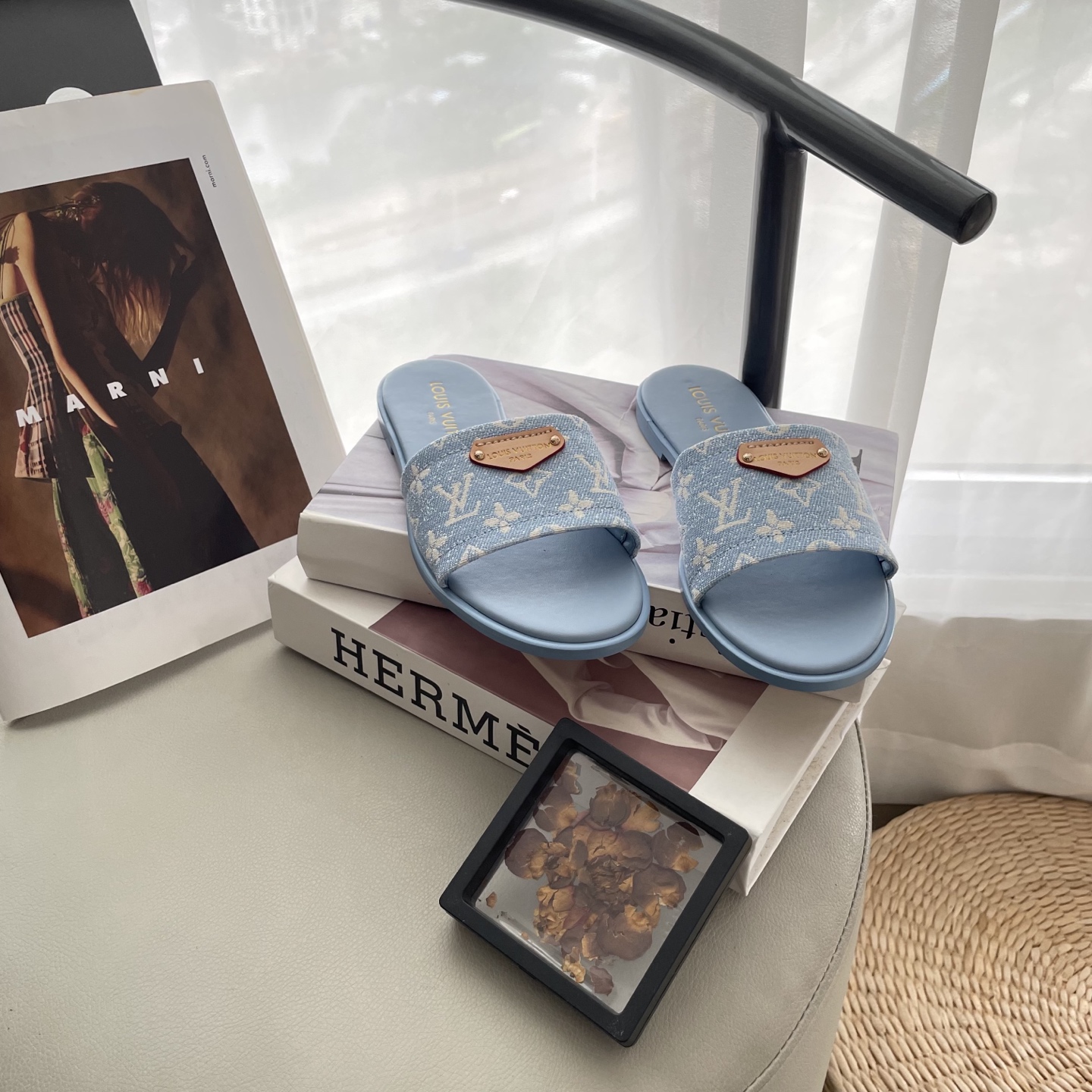 L style Denim Flat Slippers Casual Sandals