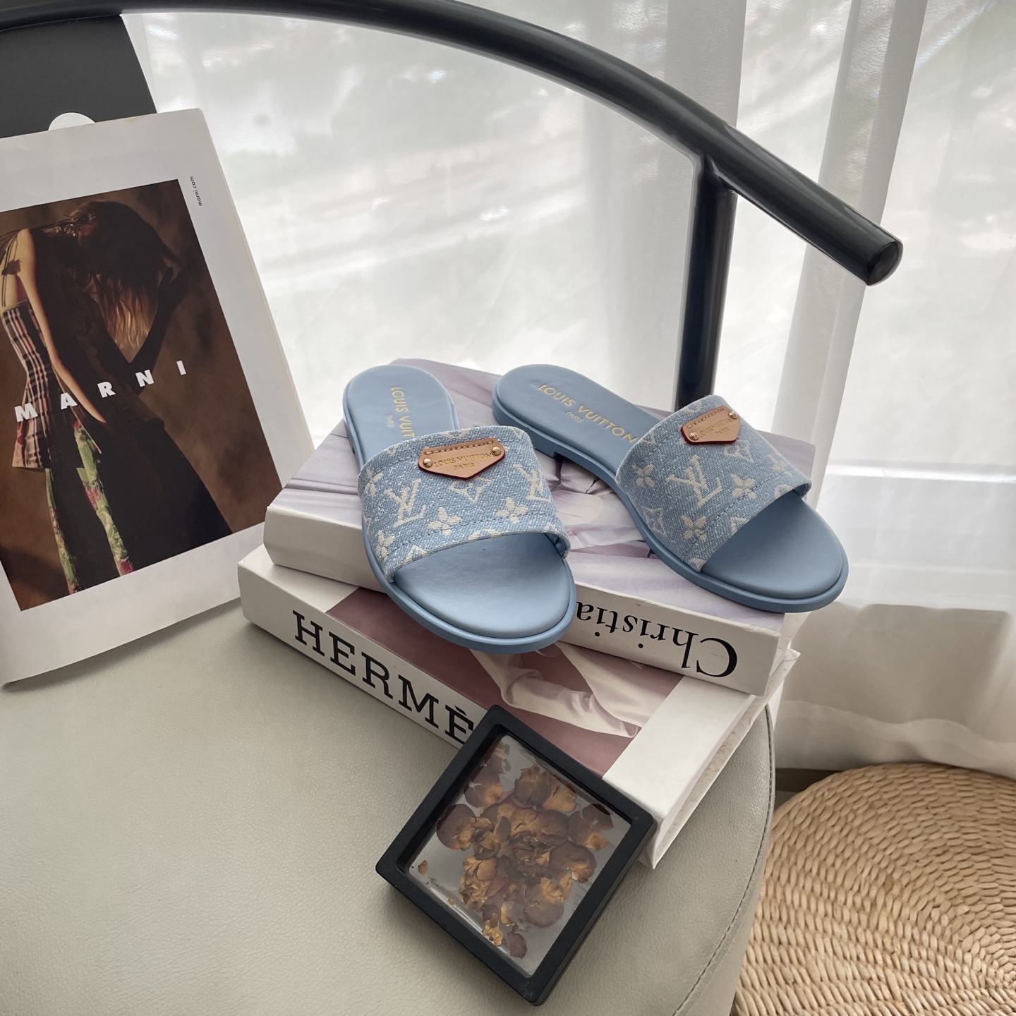 L style Denim Flat Slippers Casual Sandals