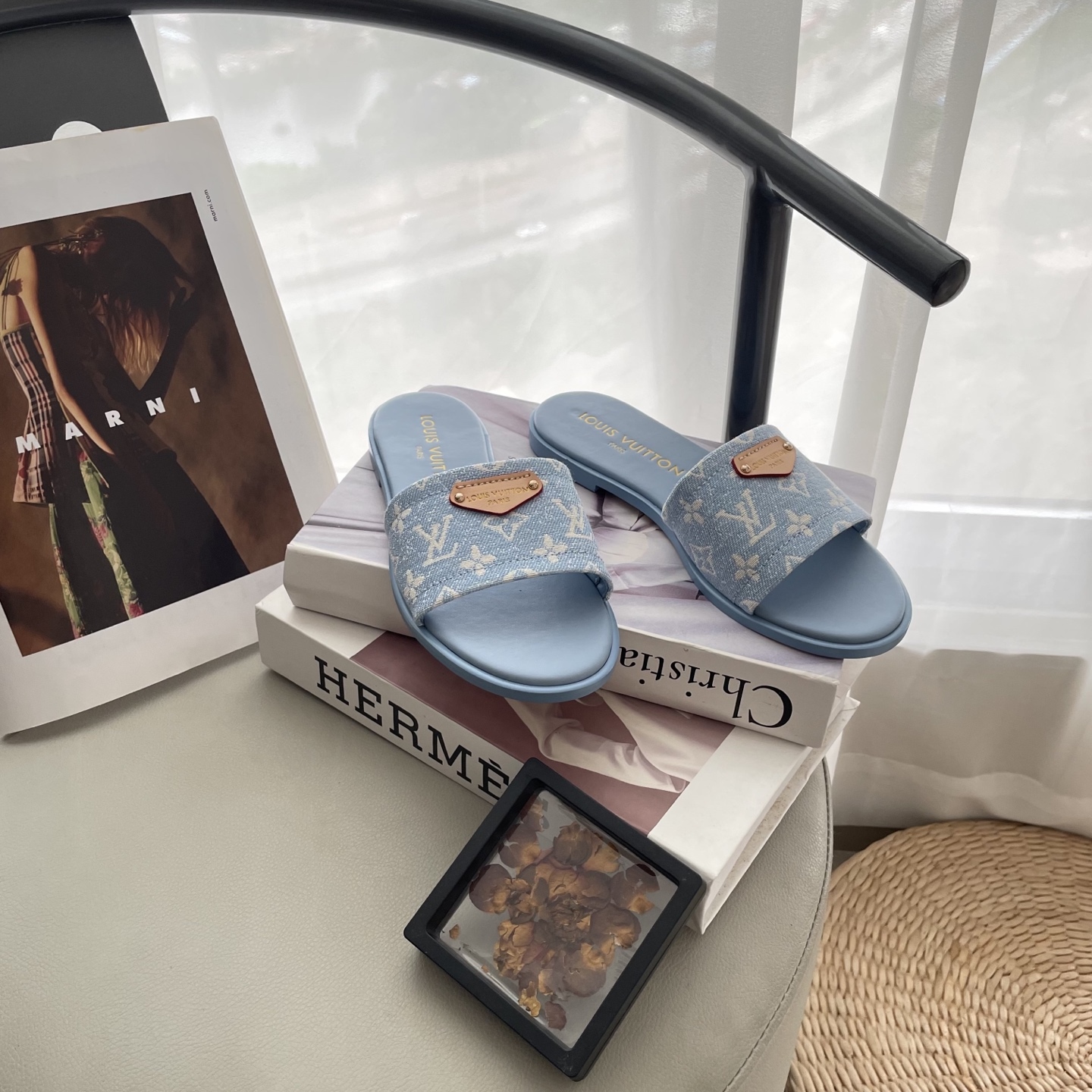 L style Denim Flat Slippers Casual Sandals