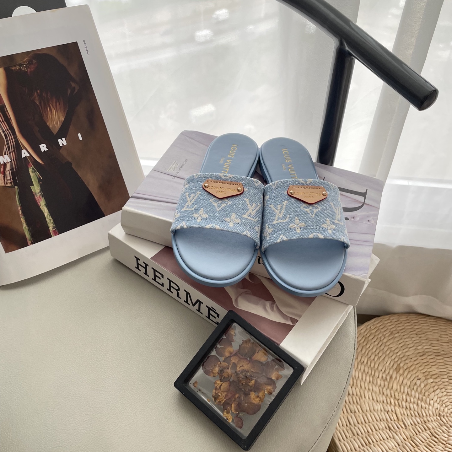 L style Denim Flat Slippers Casual Sandals