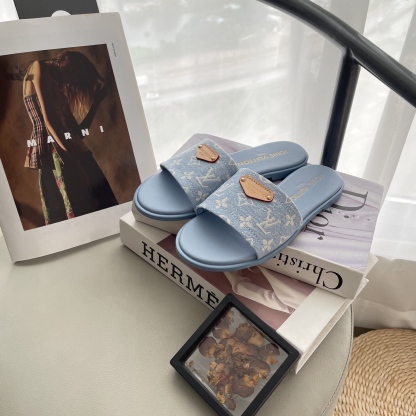 L style Denim Flat Slippers Casual Sandals