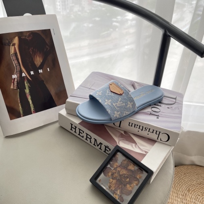 L style Denim Flat Slippers Casual Sandals