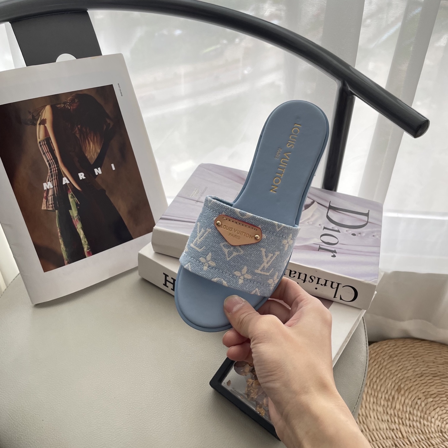 L style Denim Flat Slippers Casual Sandals