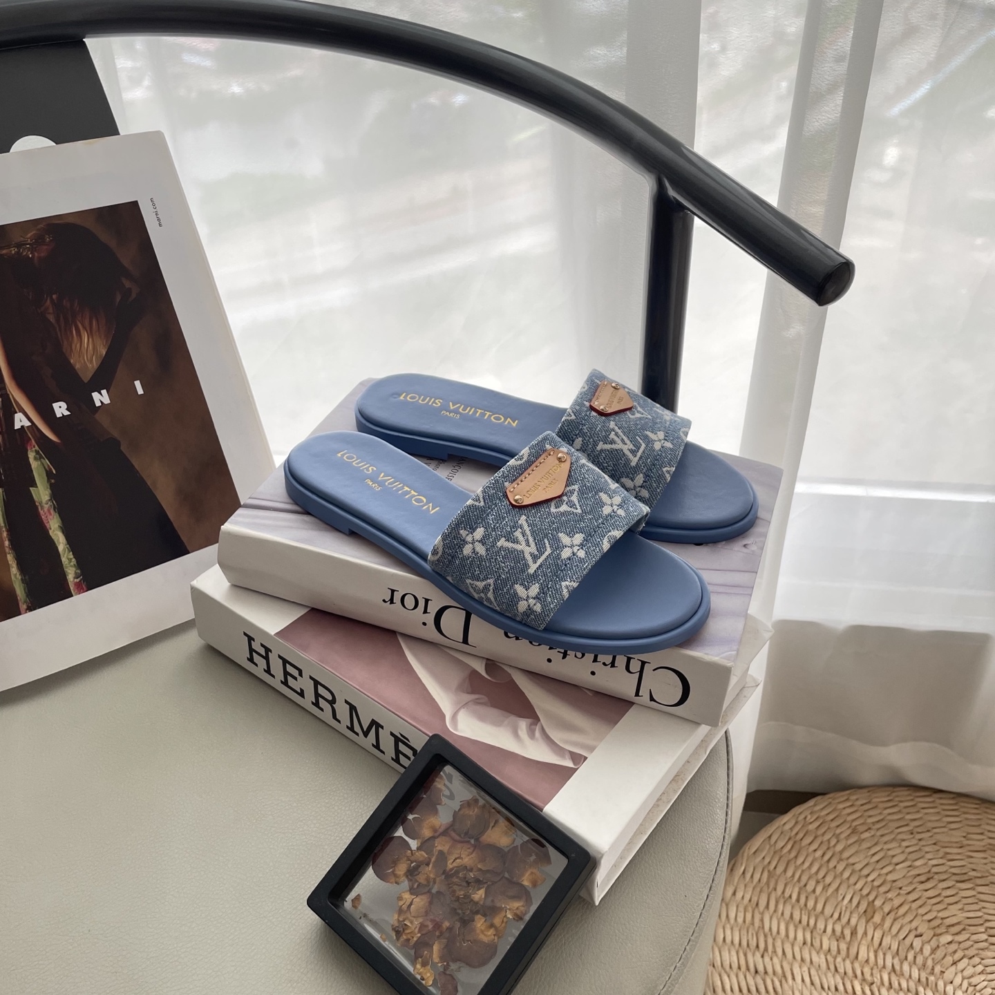 L style Denim Flat Slippers Casual Sandals