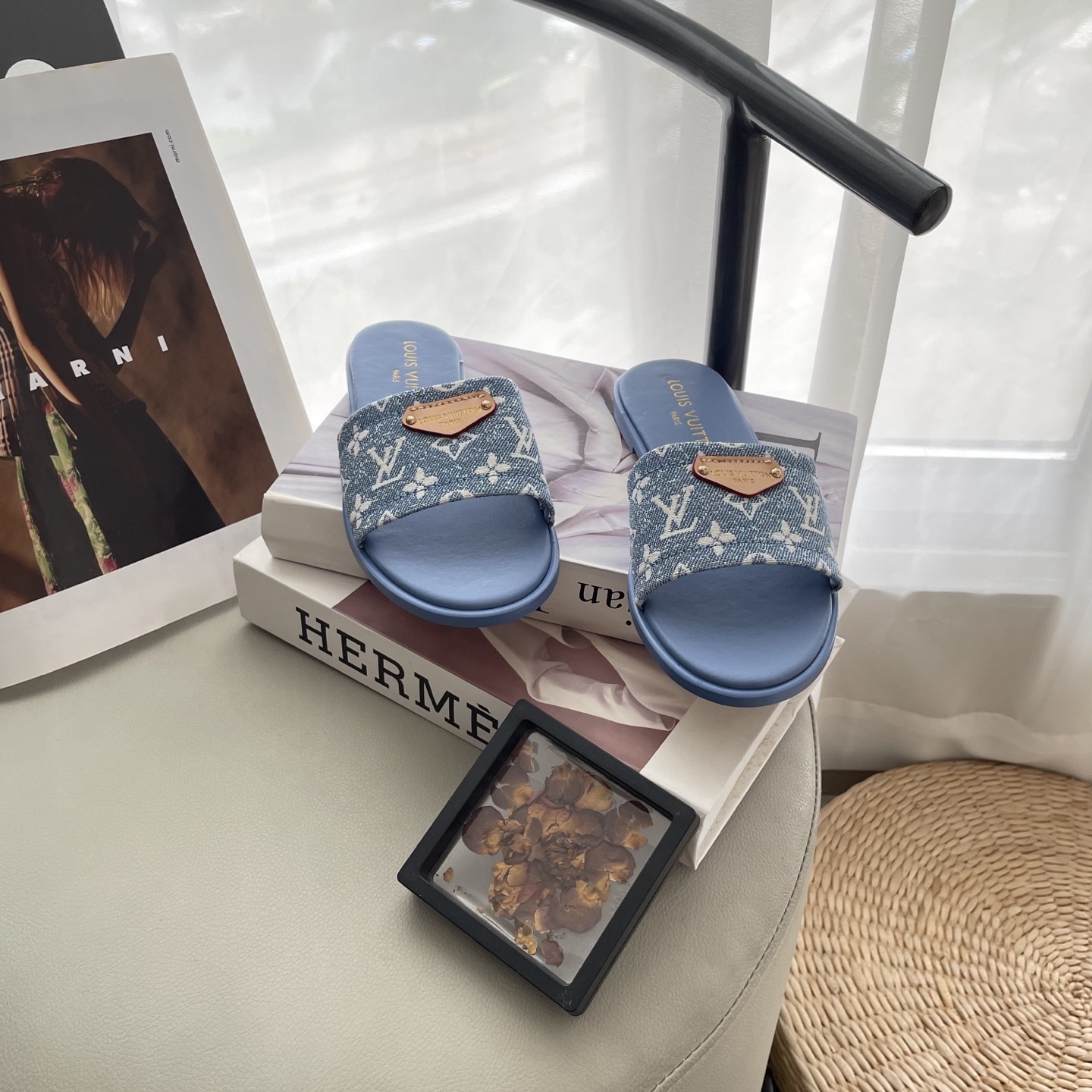 L style Denim Flat Slippers Casual Sandals