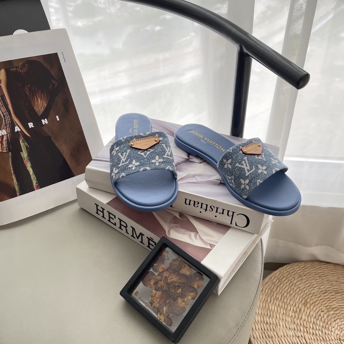 L style Denim Flat Slippers Casual Sandals