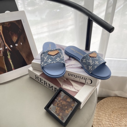 L style Denim Flat Slippers Casual Sandals