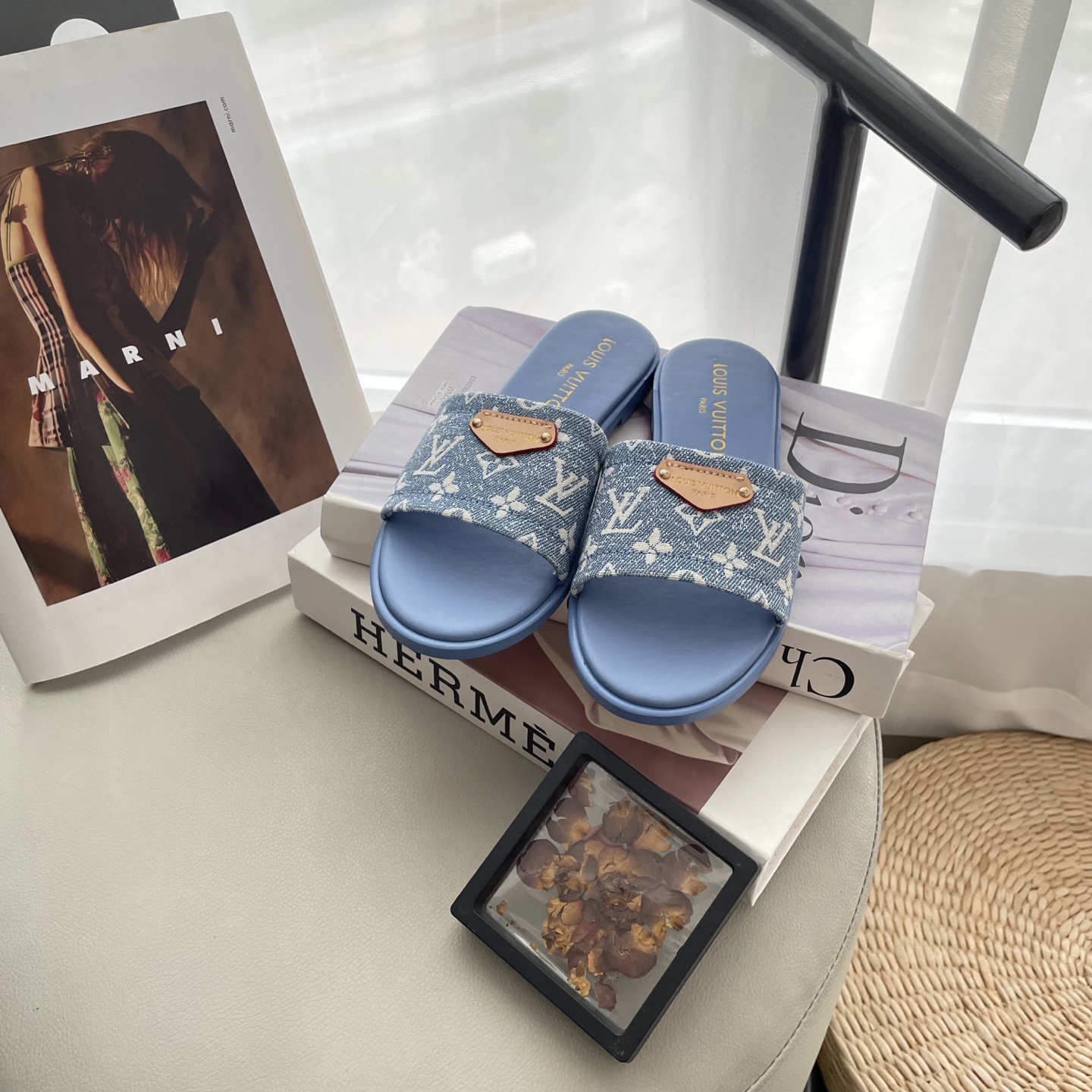 L style Denim Flat Slippers Casual Sandals