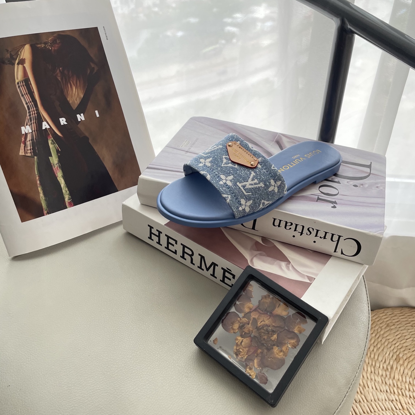 L style Denim Flat Slippers Casual Sandals