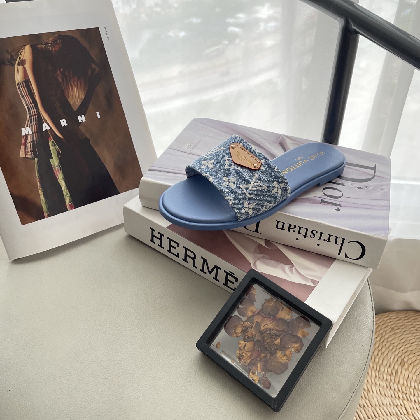 L style Denim Flat Slippers Casual Sandals