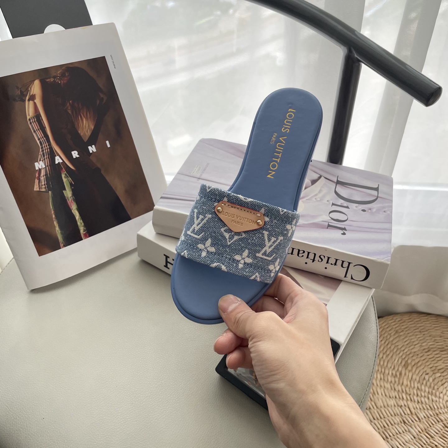 L style Denim Flat Slippers Casual Sandals