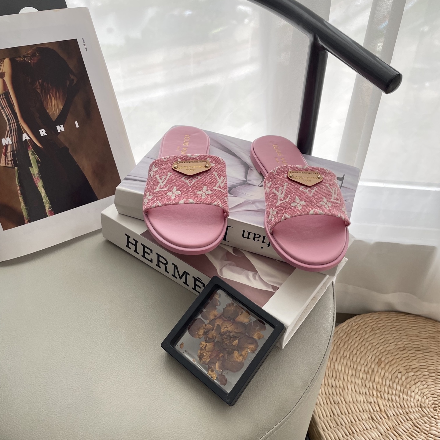 L style Denim Flat Slippers Casual Sandals