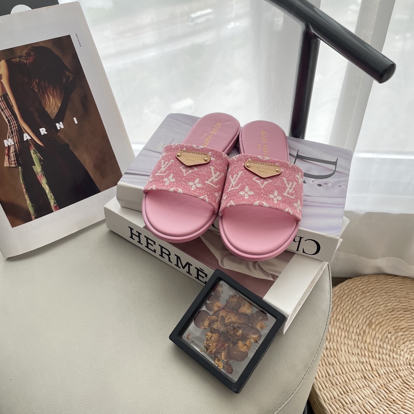 L style Denim Flat Slippers Casual Sandals