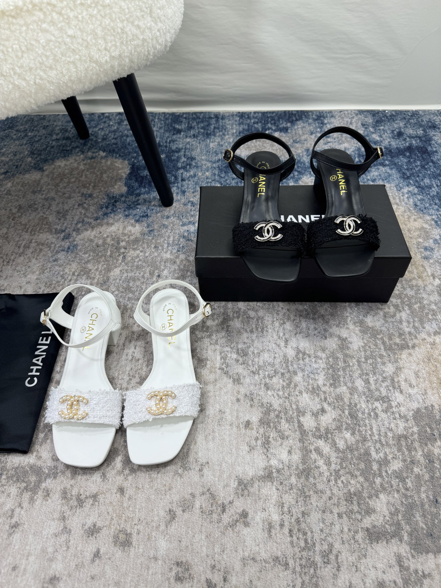 C style Pearl Double C Buckle Square Toe Chunky Heel Sandals