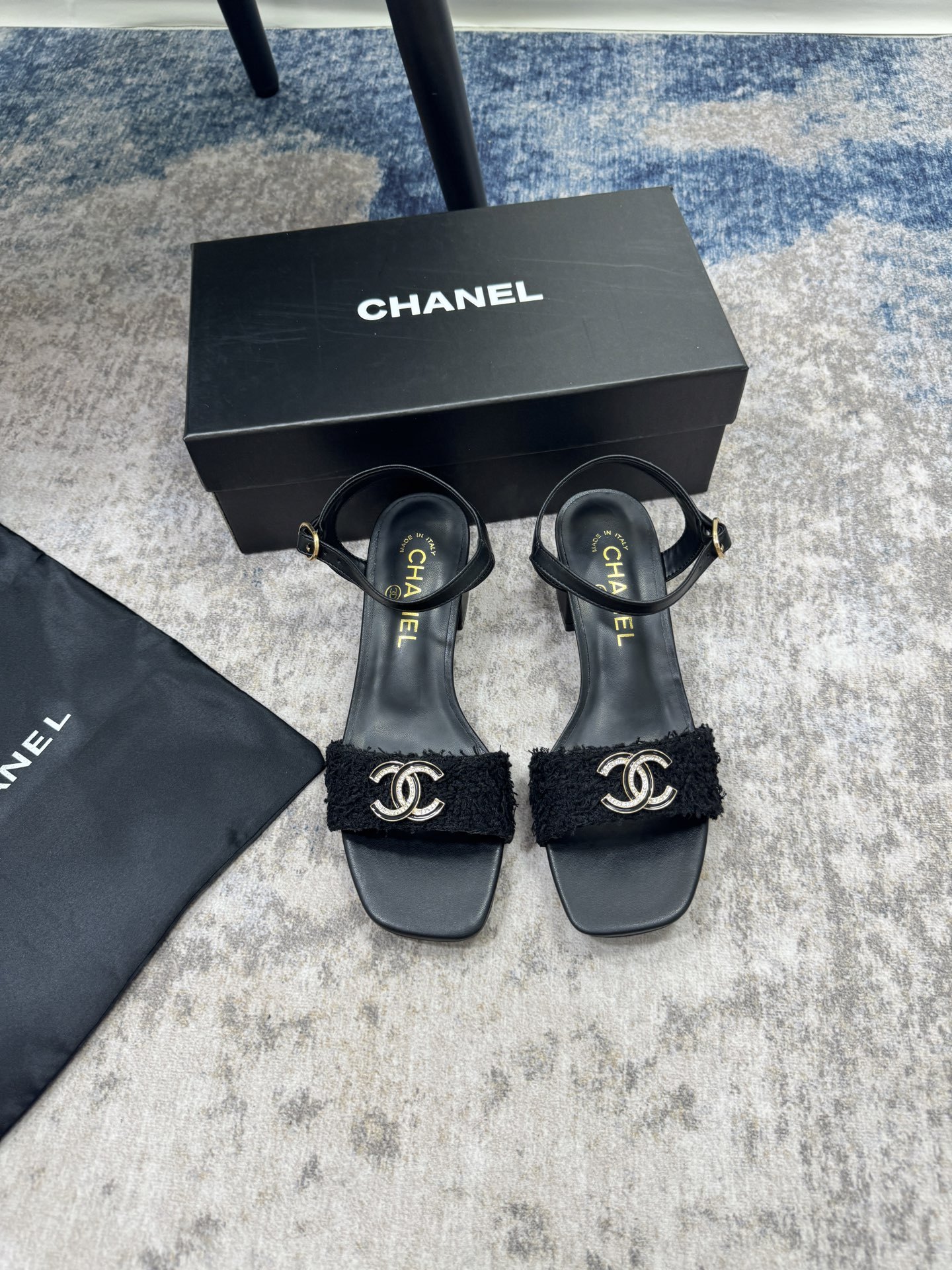 C style Pearl Double C Buckle Square Toe Chunky Heel Sandals