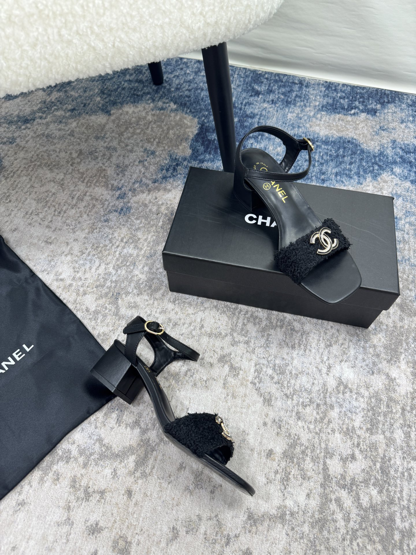 C style Pearl Double C Buckle Square Toe Chunky Heel Sandals