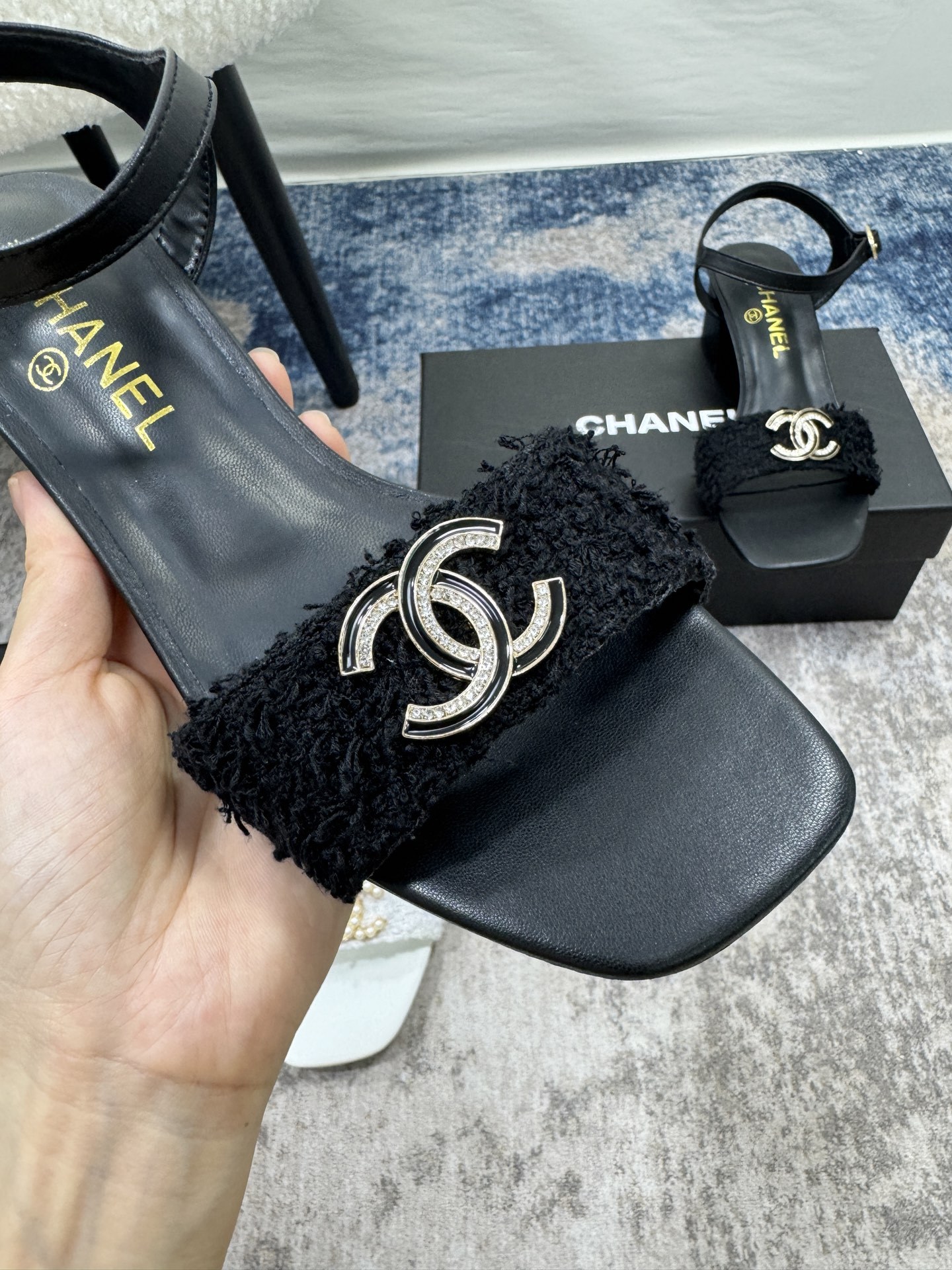 C style Pearl Double C Buckle Square Toe Chunky Heel Sandals