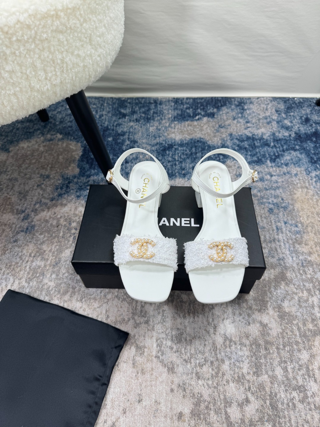 C style Pearl Double C Buckle Square Toe Chunky Heel Sandals