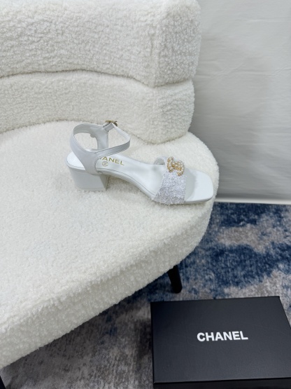 C style Pearl Double C Buckle Square Toe Chunky Heel Sandals