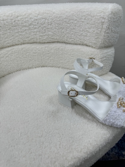 C style Pearl Double C Buckle Square Toe Chunky Heel Sandals