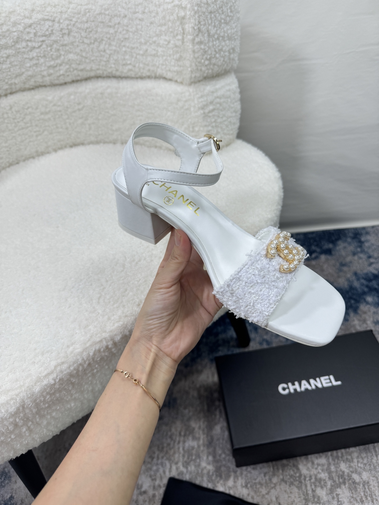 C style Pearl Double C Buckle Square Toe Chunky Heel Sandals