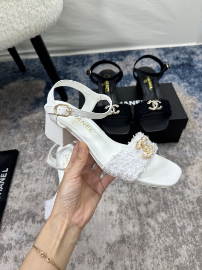 C style Pearl Double C Buckle Square Toe Chunky Heel Sandals