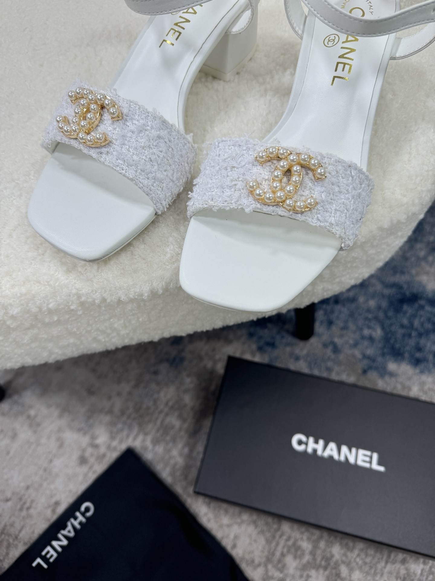 C style Pearl Double C Buckle Square Toe Chunky Heel Sandals