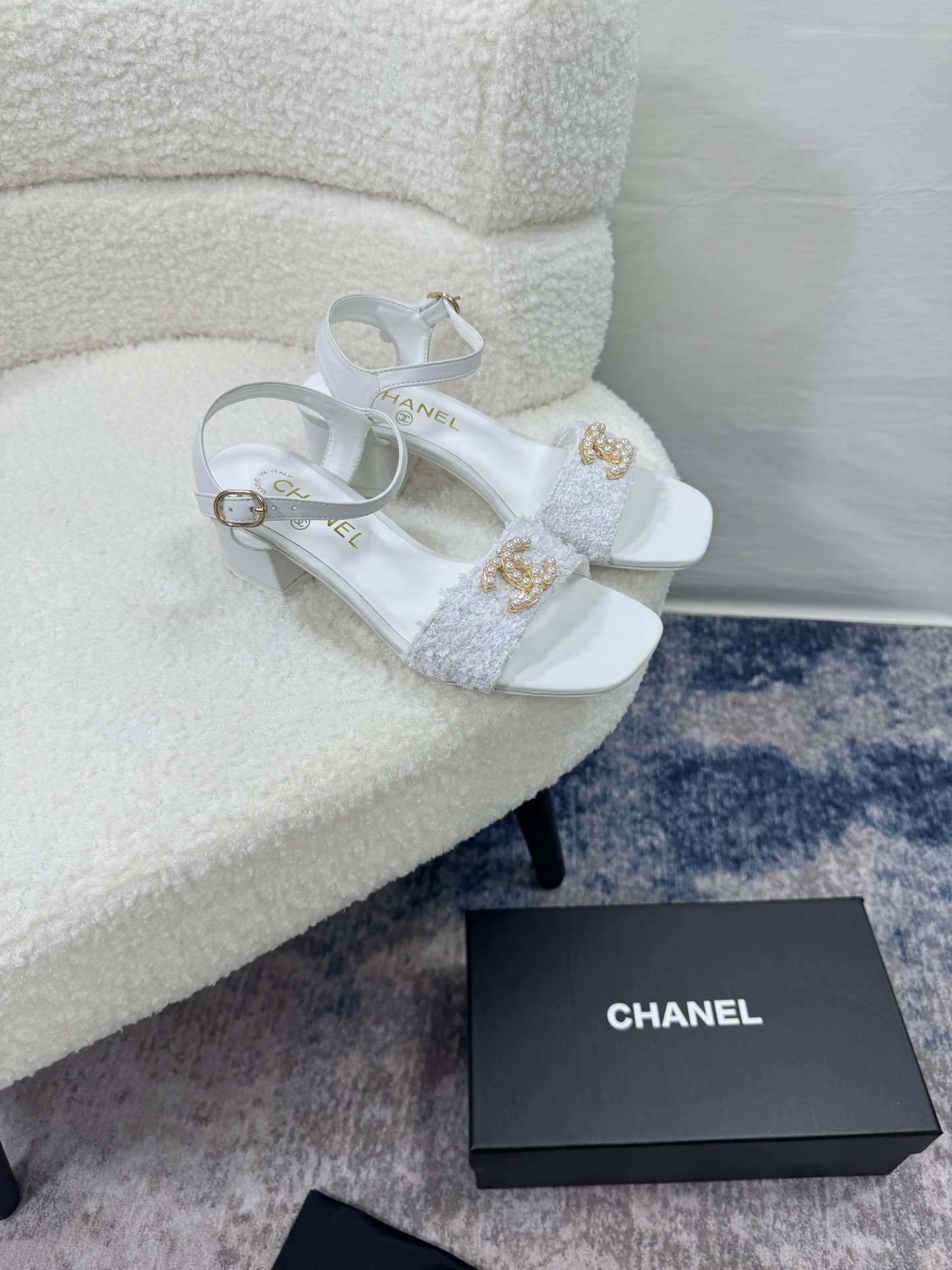 C style Pearl Double C Buckle Square Toe Chunky Heel Sandals