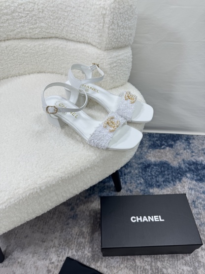 C style Pearl Double C Buckle Square Toe Chunky Heel Sandals