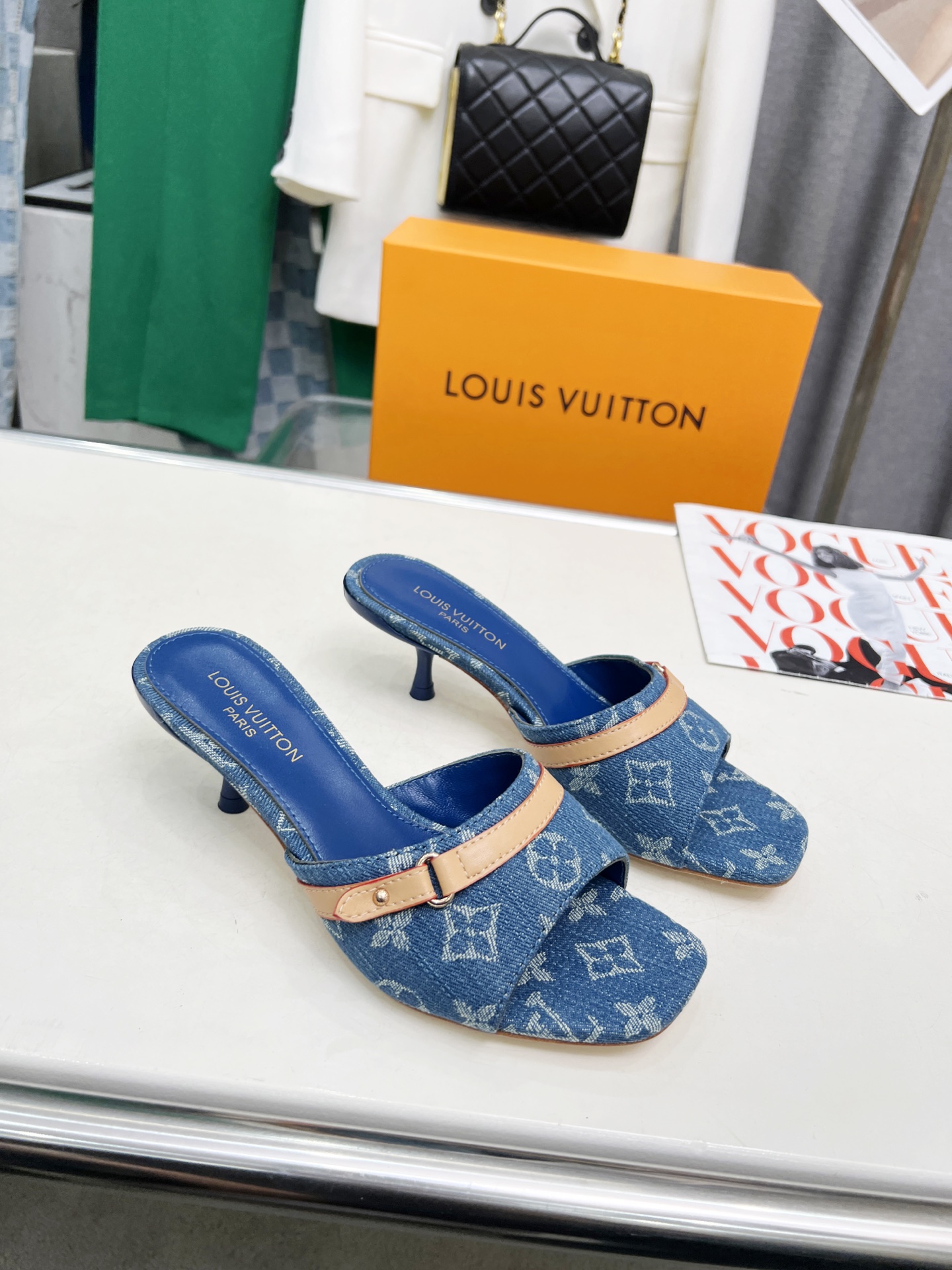 L style Denim kitten heel slides5.5cm