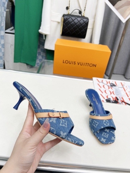 L style Denim kitten heel slides5.5cm