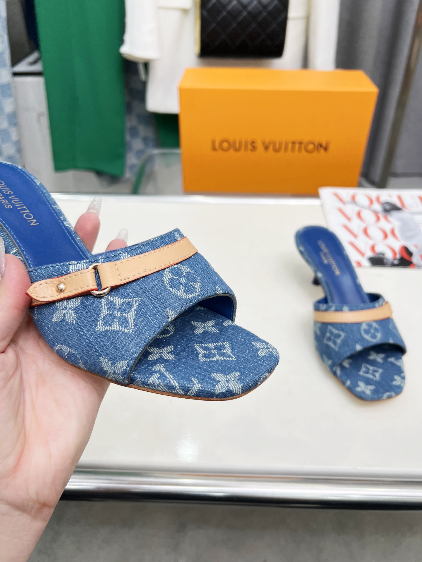 L style Denim kitten heel slides5.5cm